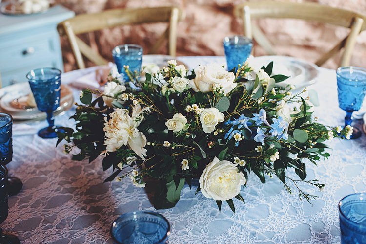 Blue Table Decoration Lace Windy Valley of Fire Wedding Nevada https://cactusandlaceweddings.com/
