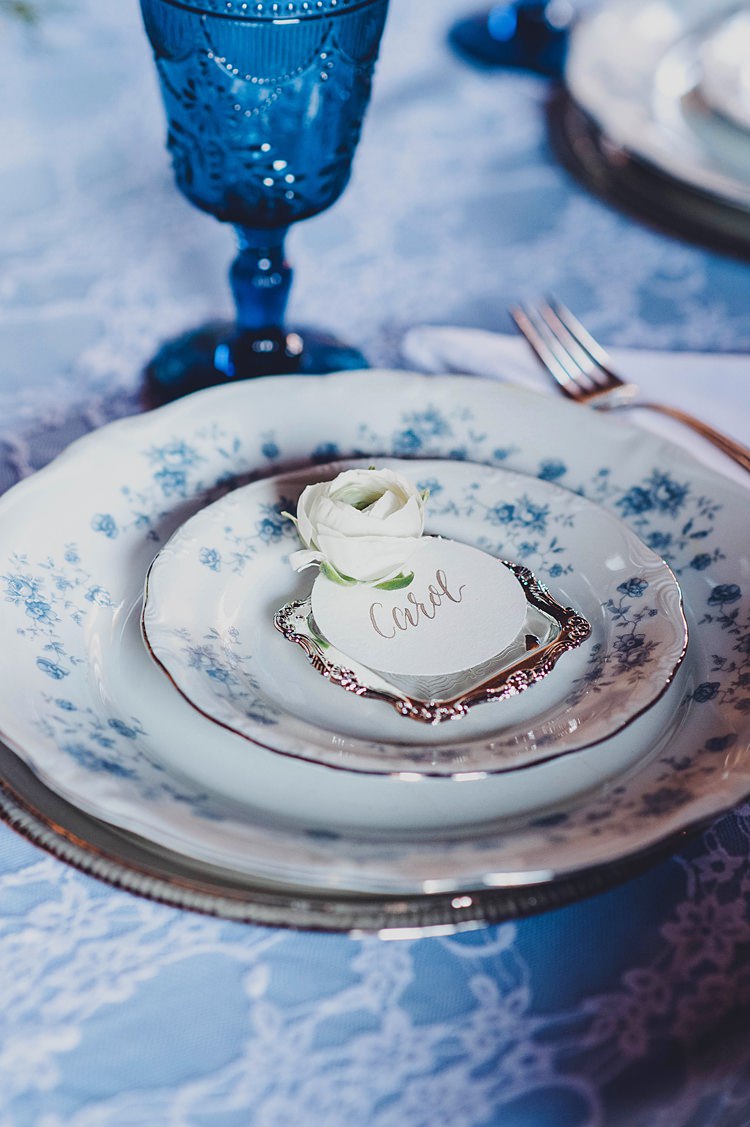 Place Setting Blue Windy Valley of Fire Wedding Nevada https://cactusandlaceweddings.com/