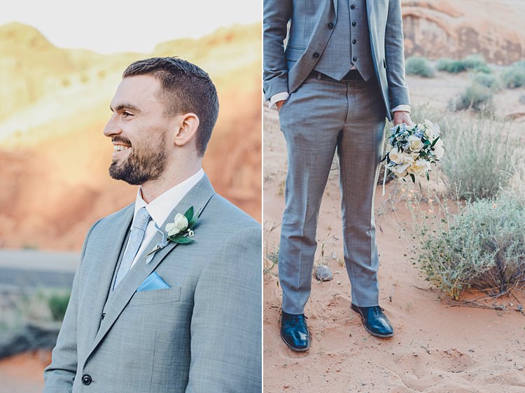 Groom Grey Blue Bouquet Windy Valley of Fire Wedding Nevada https://cactusandlaceweddings.com/