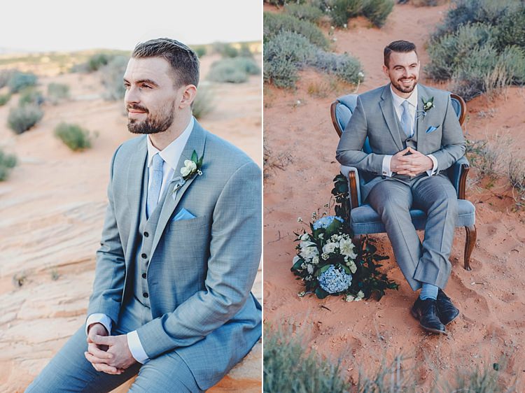 Groom Sitting Blue Chair Windy Valley of Fire Wedding Nevada https://cactusandlaceweddings.com/