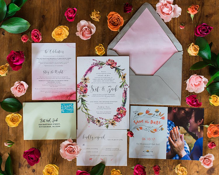 Stationery Roses Invitations Save the Dates Colourful Bohemian Barn Wedding Pennsylvania http://www.dawn-derbyshire.com/
