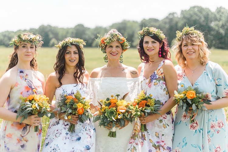 Bride Bridesmaid Mismatched Dresses Colourful Bohemian Barn Wedding Pennsylvania http://www.dawn-derbyshire.com/
