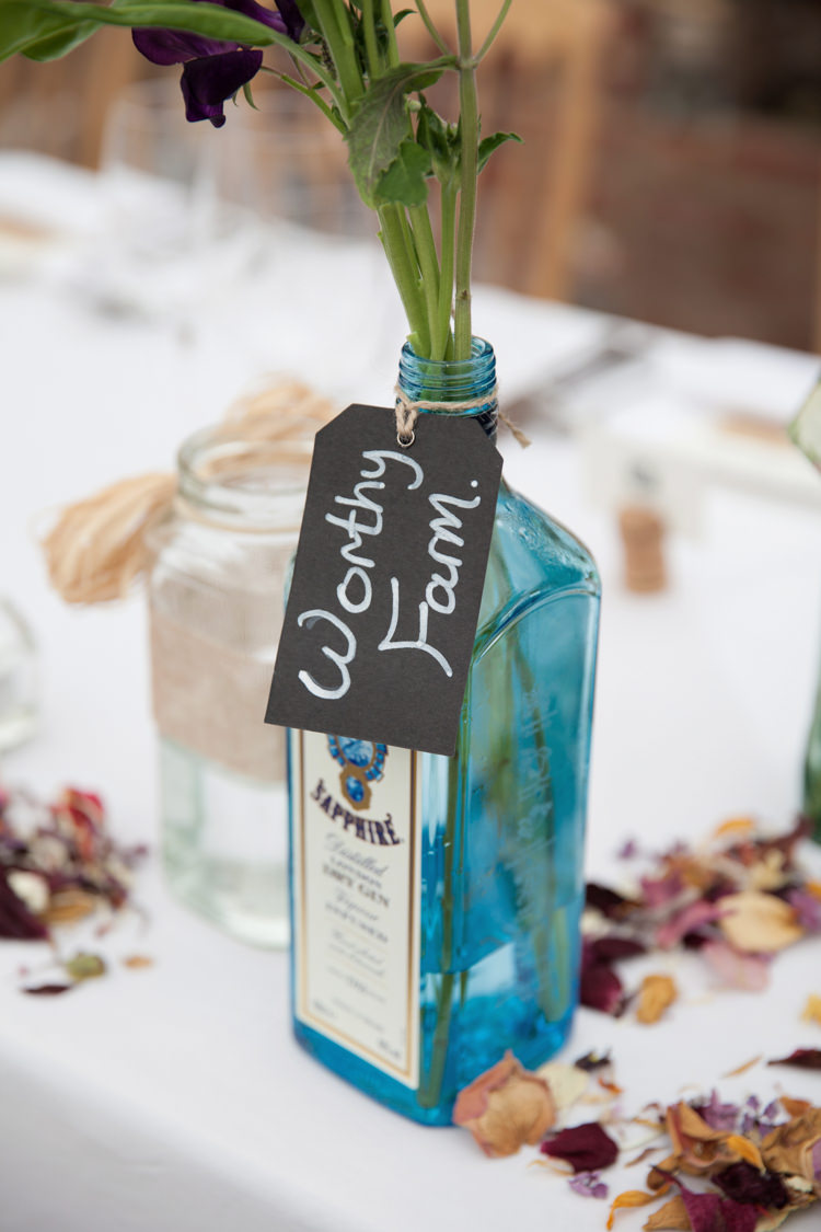 Gin Bottle Flowers Table Names Summer Festival Country Estate Wedding http://kerryannduffy.com/