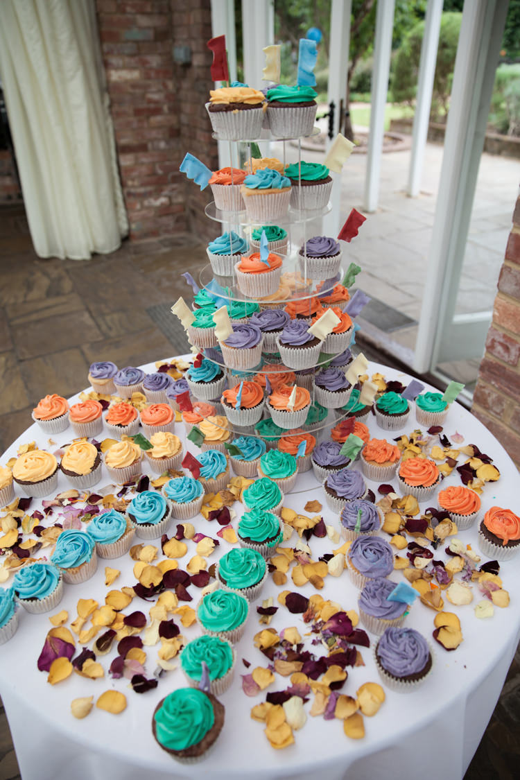 Rainbow Multicolour Cup Cakes Tower Summer Festival Country Estate Wedding http://kerryannduffy.com/