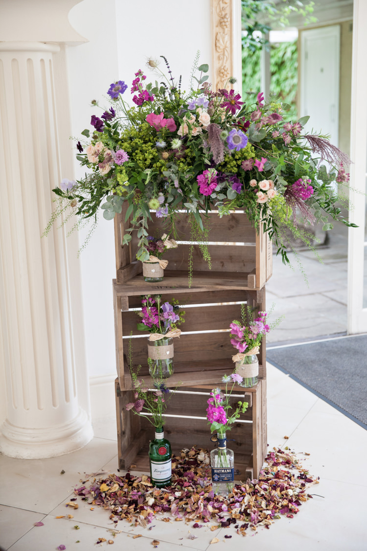 Crate Flowers Purple Jars Bottles Nigella Cornflowers Sweet Peas Stocks Scabious Rosemary Mint Summer Festival Country Estate Wedding http://kerryannduffy.com/