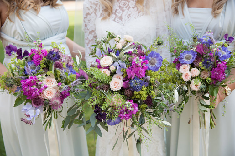 Flowers Bouquet Bride Bridesmaid Pueple Peach Blue Nigella Cornflowers Sweet Peas Stocks Scabious Rosemary Mint Summer Festival Country Estate Wedding http://kerryannduffy.com/