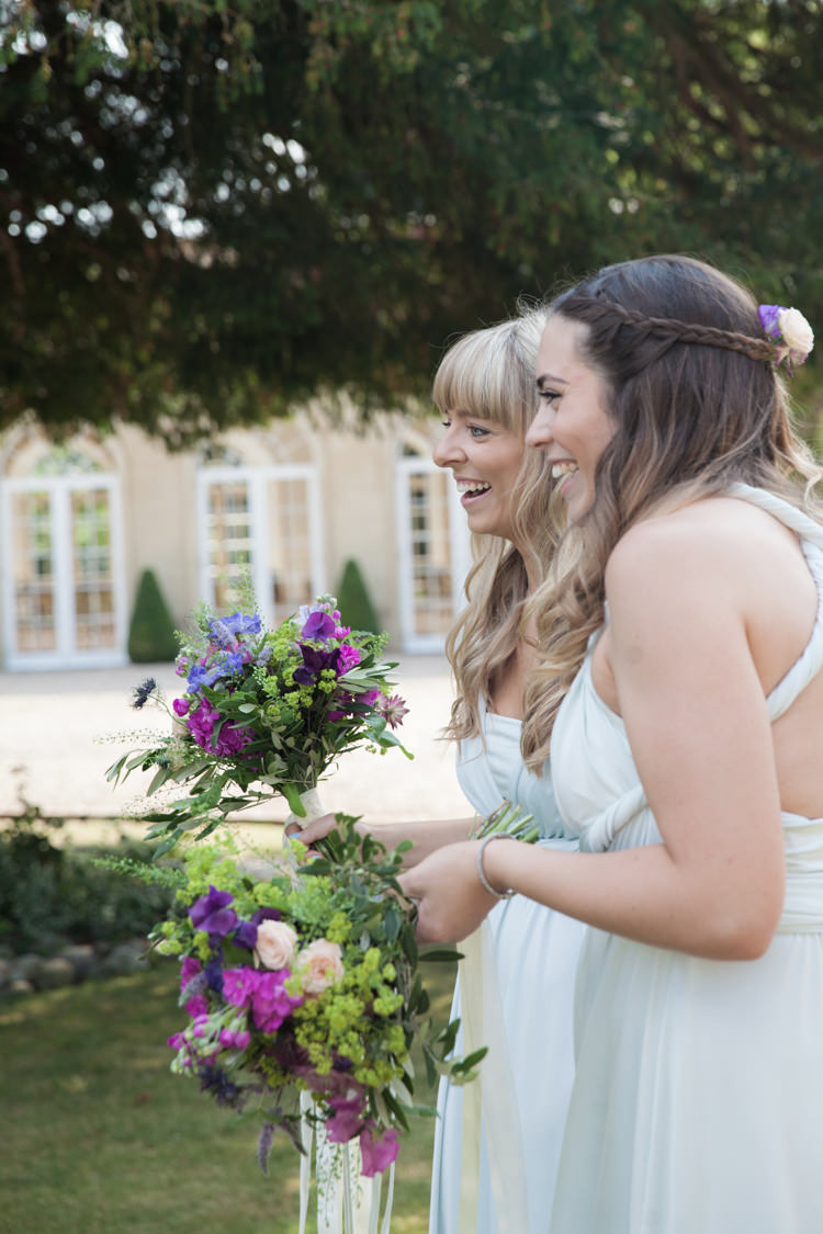 Bridesmaids Flowers Bouquets Purple Nigella Cornflowers Sweet Peas Stocks Scabious Rosemary Mint Summer Festival Country Estate Wedding http://kerryannduffy.com/