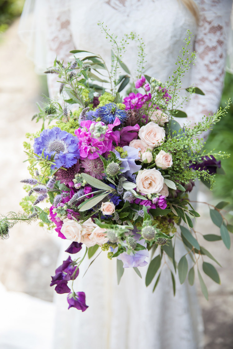 Bouquet Flowers Bride Bridal Purple Lilac Nigella Cornflowers Sweet Peas Stocks Scabious Rosemary Mint Summer Festival Country Estate Wedding http://kerryannduffy.com/