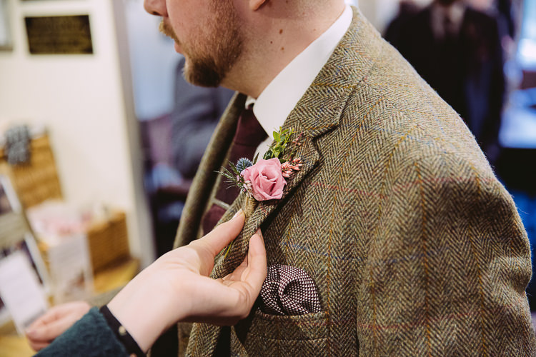 Rose Thistle Buttonhole Groom Simple Cosy Country Winter Wedding http://hayleybaxterphotography.com/