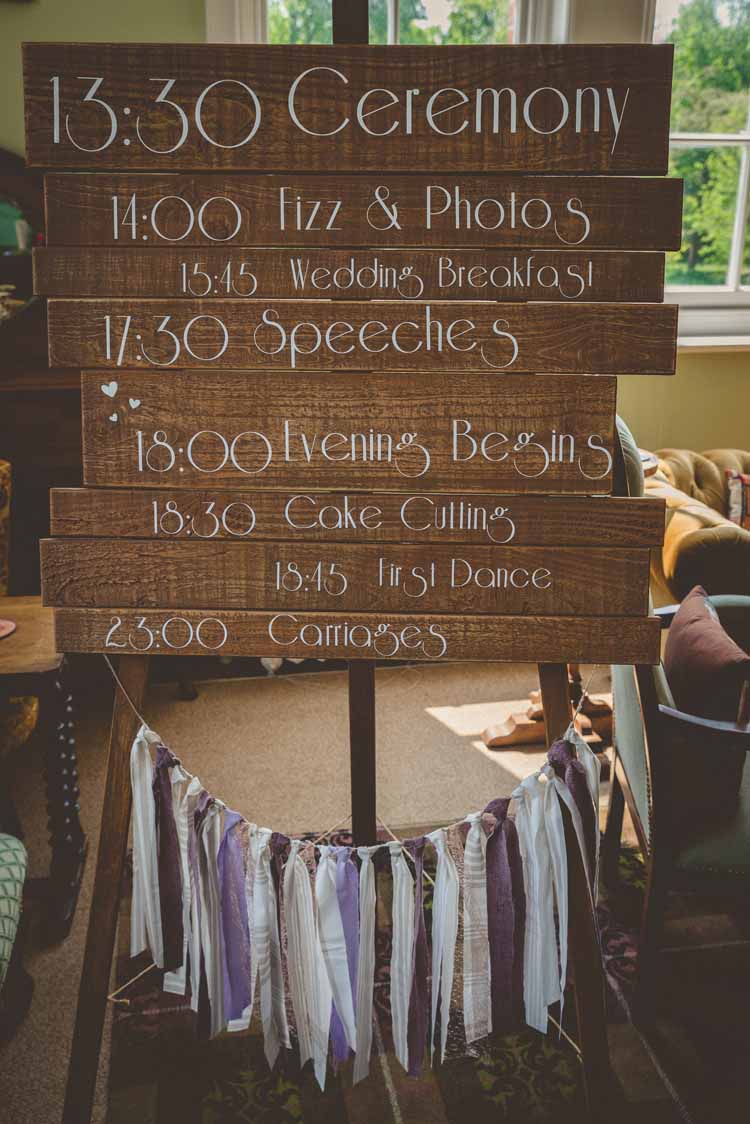 Sign Signage Order of Day Programme Wooden Ribbon Tassels Eclectic Floral Fun Wedding http://www.photographybypaloma.co.uk/