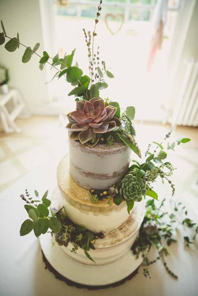 Cake Semi Half Naked Foliage Succulents Lavender Gold Eclectic Floral Fun Wedding http://www.photographybypaloma.co.uk/