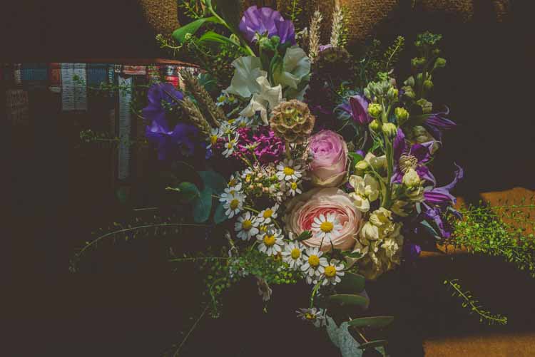 Bride Bridal Bouquet Multicoloured Rose Foliage Purple Pink Yellow Trailing Daisy Peony Eclectic Floral Fun Wedding http://www.photographybypaloma.co.uk/