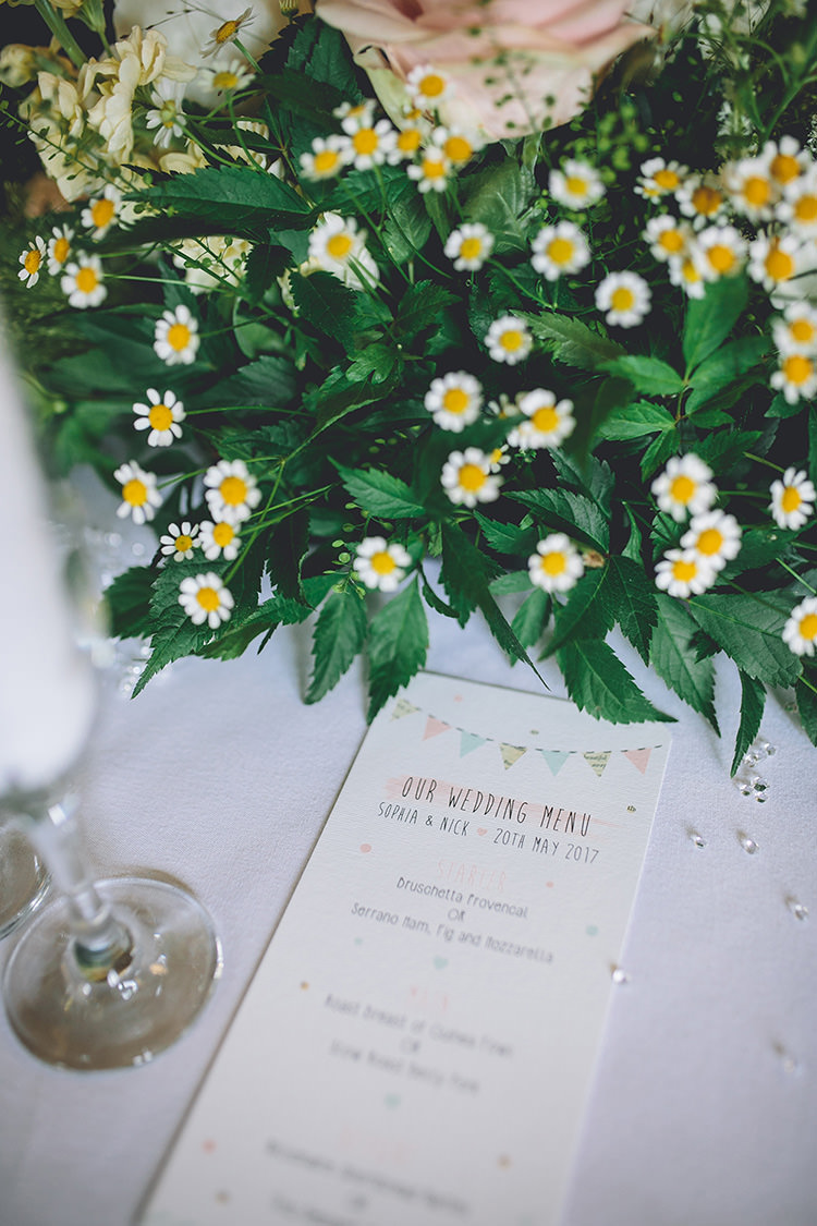 Daisy Table Flowers Bunting Stationery Darling Pale Pastels Conservatory Wedding http://storyandcolour.co.uk/