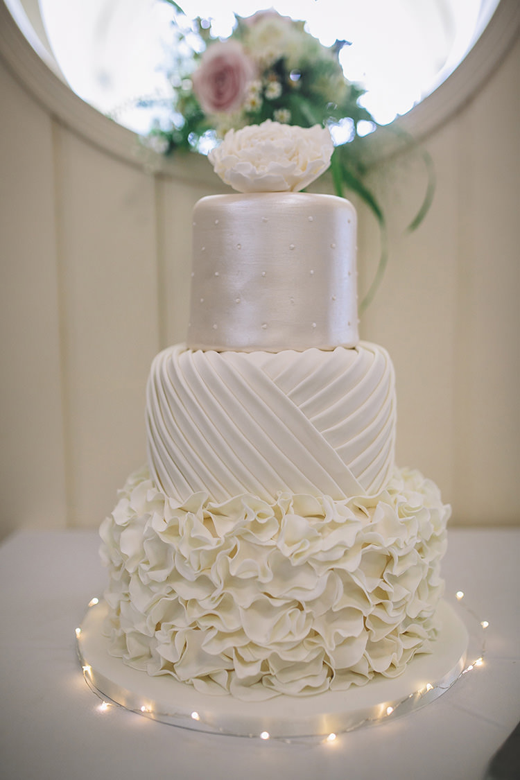 Pearl Ruffle White Cake Iced Darling Pale Pastels Conservatory Wedding http://storyandcolour.co.uk/