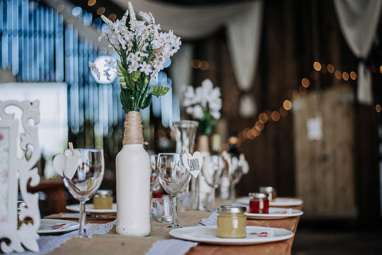 Bottle Flowers String Twine Painted Centrepiece Lace Hessian Decor Rustic Farm Barn DIY Wedding http://www.kazooieloki.co.uk/