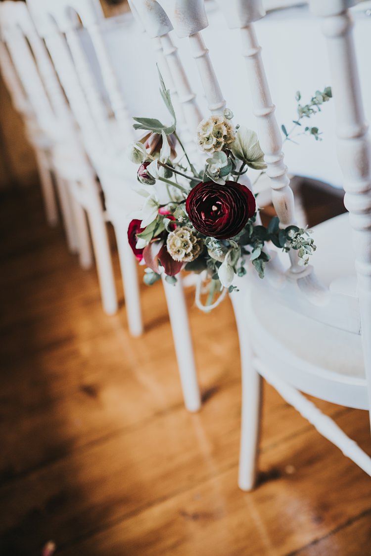 Chair Flowers Seed Heads Red Foliage Burgundy Blush Minimal Elegant Barn Wedding http://www.rosshurley.com/