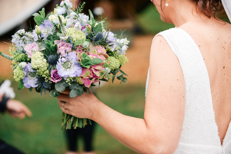 Bouquet Flowers Bride Bridal Pink Blue Thistle Rose Hydrangea Camp Festival Style Chilled Wedding http://www.memoriesmilestones.co.uk/