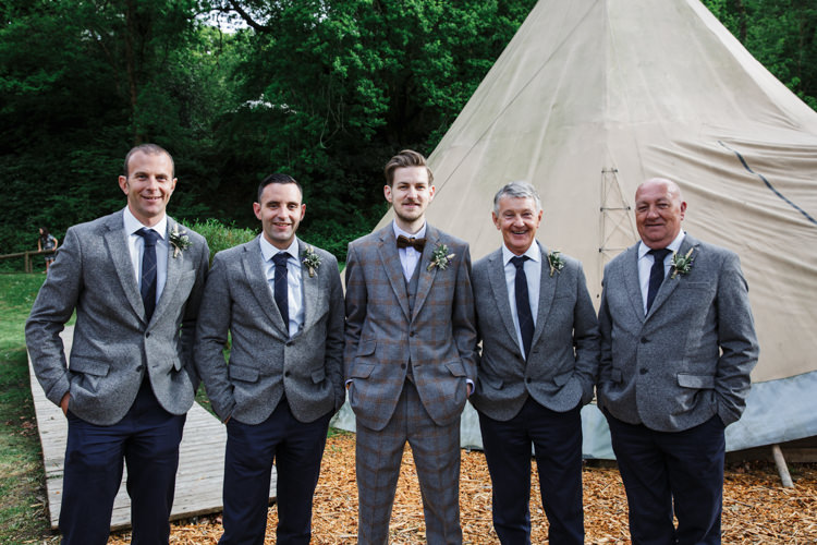 Groomsmen Tweed Suits Bow Tie Camp Festival Style Chilled Wedding http://www.memoriesmilestones.co.uk/