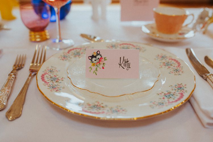 Place Name Card Setting Cat Flowers Retro Kitsch Pastel Mint Pink Wedding Ideas http://www.beckyryanphotography.co.uk/