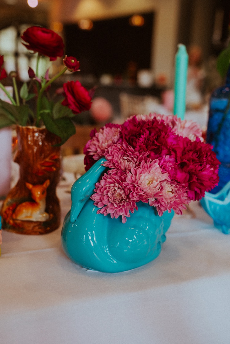 Bright Flowers Swan Vase Retro Kitsch Pastel Mint Pink Wedding Ideas http://www.beckyryanphotography.co.uk/