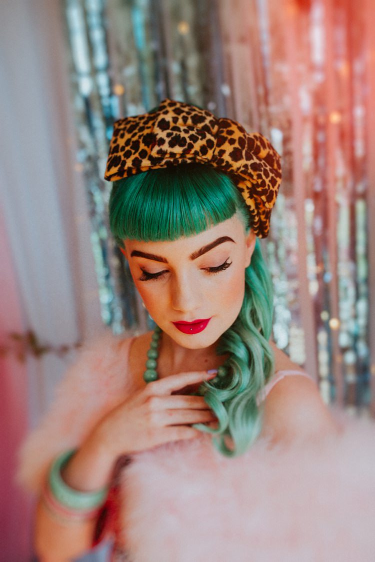 Green Hair Bride Bridal Vintage Headband Leopard Print Retro Kitsch Pastel Mint Pink Wedding Ideas http://www.beckyryanphotography.co.uk/