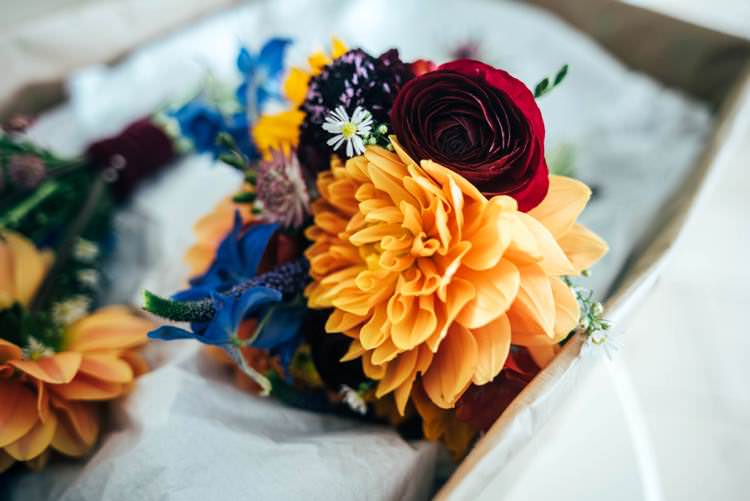 Bouquets Dahlia Rose Colourful Hand Made Rustic Barn Flower Filled Wedding http://www.threeflowersphotography.co.uk/