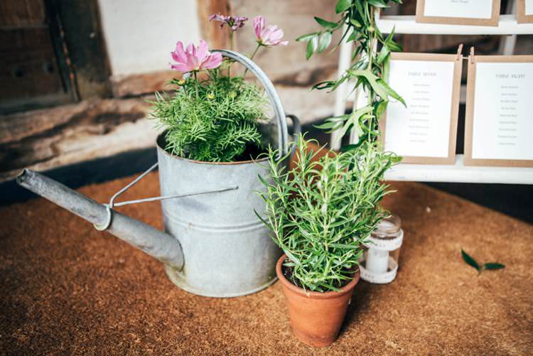 Potted Plants Watering Can Galvanised Colourful Hand Made Rustic Barn Flower Filled Wedding http://www.threeflowersphotography.co.uk/