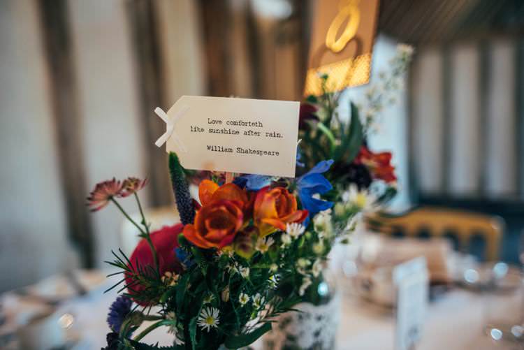 Table Name Quotes Flowers Colourful Hand Made Rustic Barn Flower Filled Wedding http://www.threeflowersphotography.co.uk/