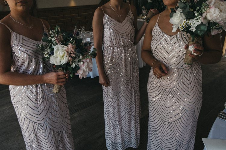 Long Sequin Bridesmaid Dresses Eclectic Cool Glam Barn Wedding http://luciusfoxphotography.com/ http://www.stevebridgwoodphotography.co.uk/