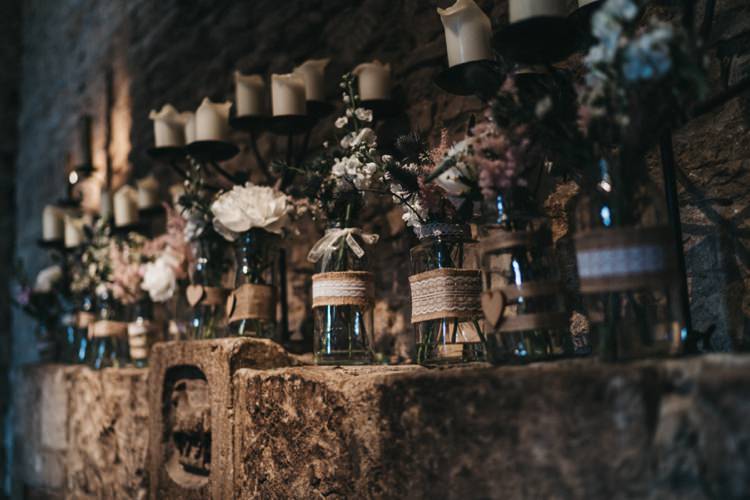 Jar Flowers Hessian Lace Eclectic Cool Glam Barn Wedding http://luciusfoxphotography.com/ http://www.stevebridgwoodphotography.co.uk/
