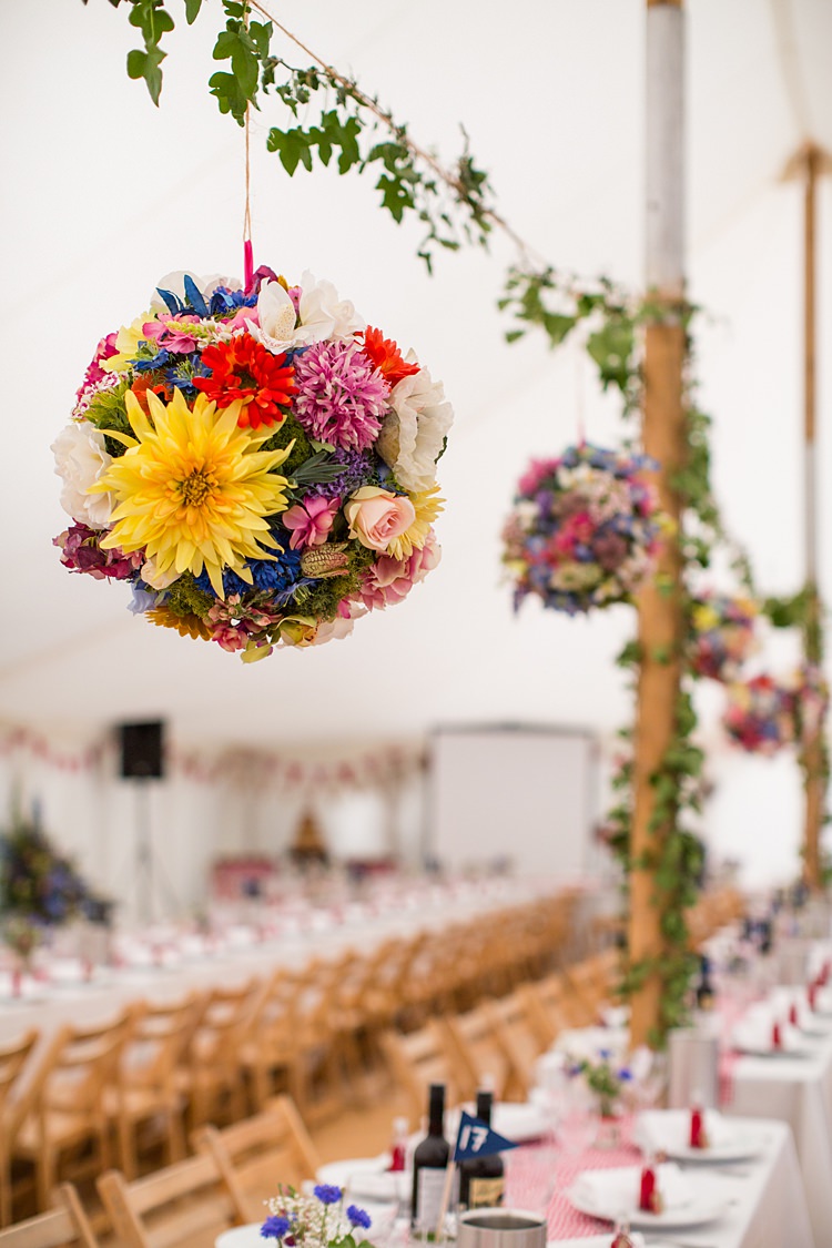 Flower Ball Kissing Colourful Pole Tent Decor Greenery Foliage Country Rustic Picnic Marquee Wedding https://www.binkynixon.com/