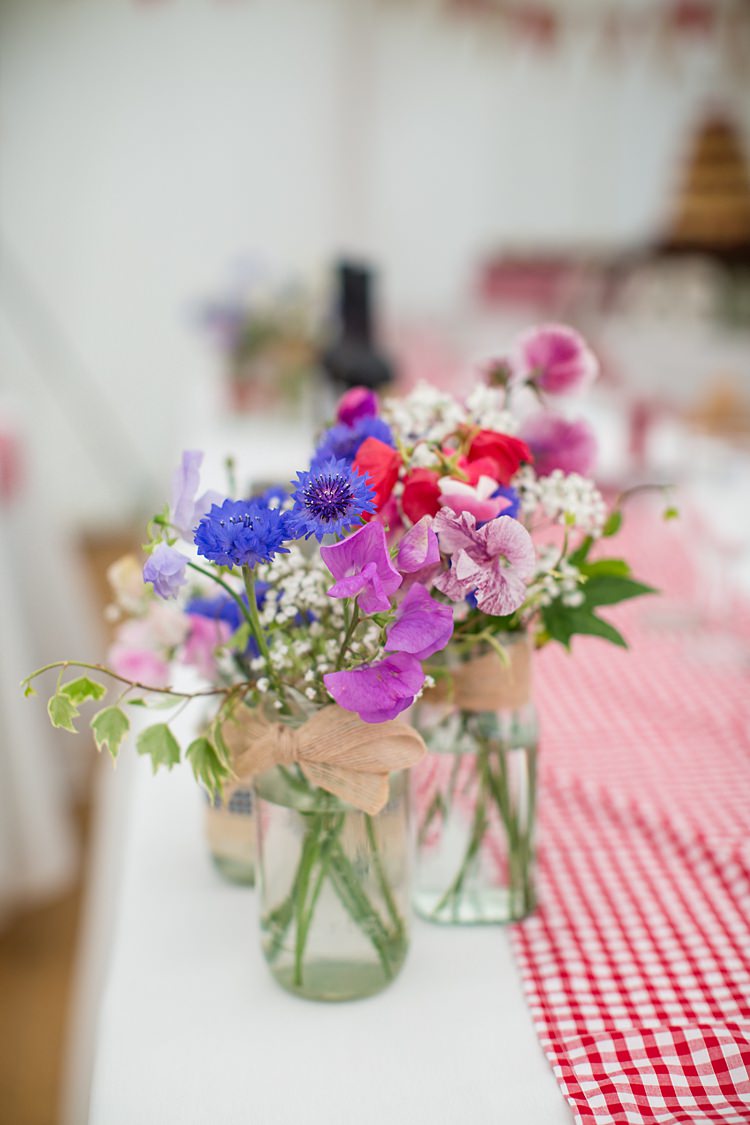 Jar Flowers Sweet Peas Cornflowers Country Rustic Picnic Marquee Wedding https://www.binkynixon.com/