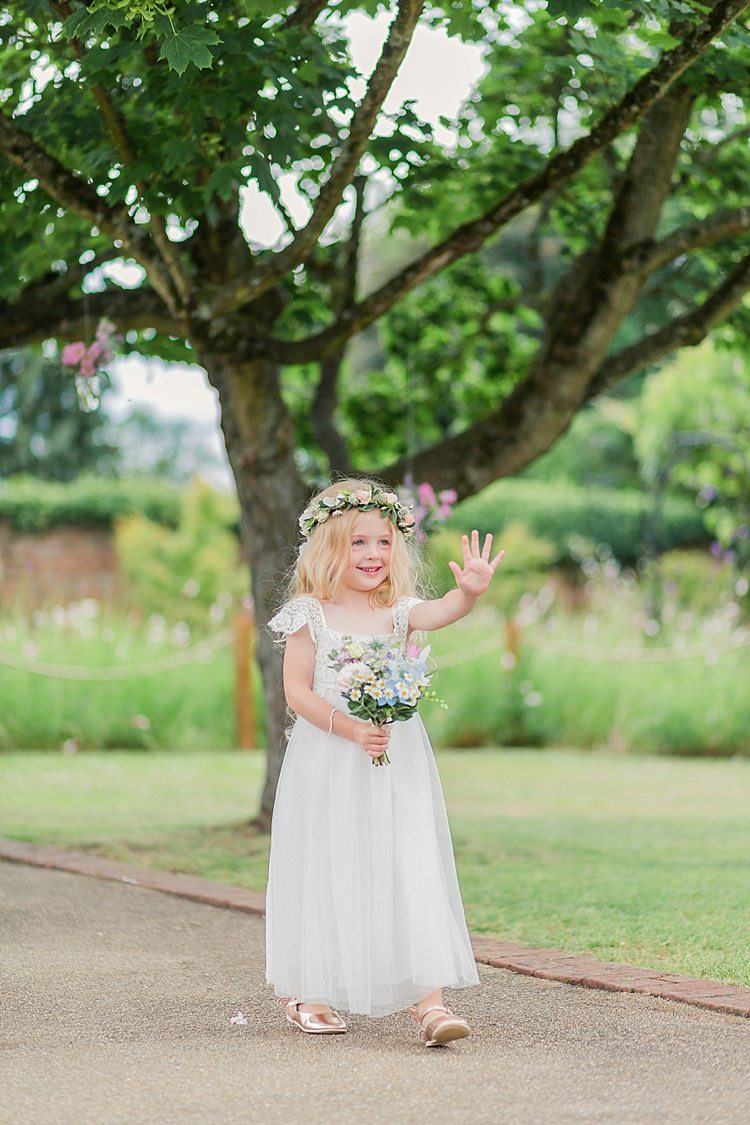 Flower Girl Crown Bouquet White Dress Gold Shoes Pretty Light English Country Garden Wedding http://kerriemitchell.co.uk/