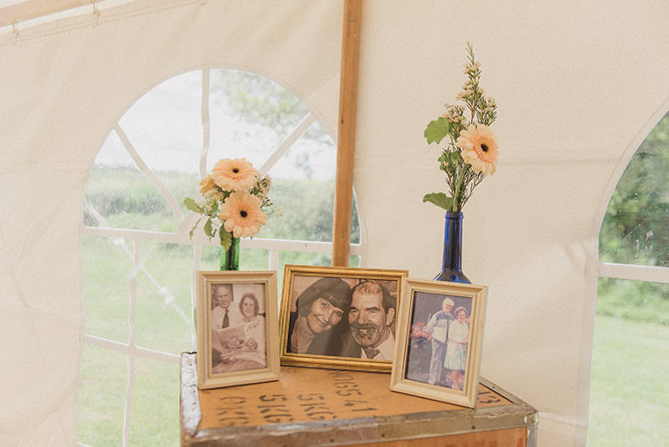 Family Photos Photograph Table DIY Rustic Woodland Marquee Wedding http://www.rebeccadouglas.co.uk/