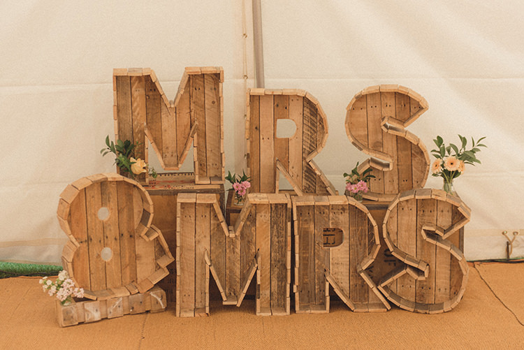 Letter Lights Mrs Mrs DIY Rustic Woodland Marquee Wedding http://www.rebeccadouglas.co.uk/