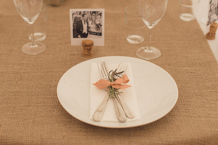 Place Setting Hessian Decor Ribbon Rosemary DIY Rustic Woodland Marquee Wedding http://www.rebeccadouglas.co.uk/