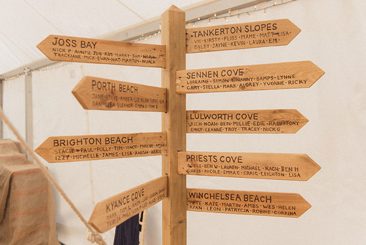 Wooden Sign Post Guests Names Places Destinations DIY Rustic Woodland Marquee Wedding http://www.rebeccadouglas.co.uk/