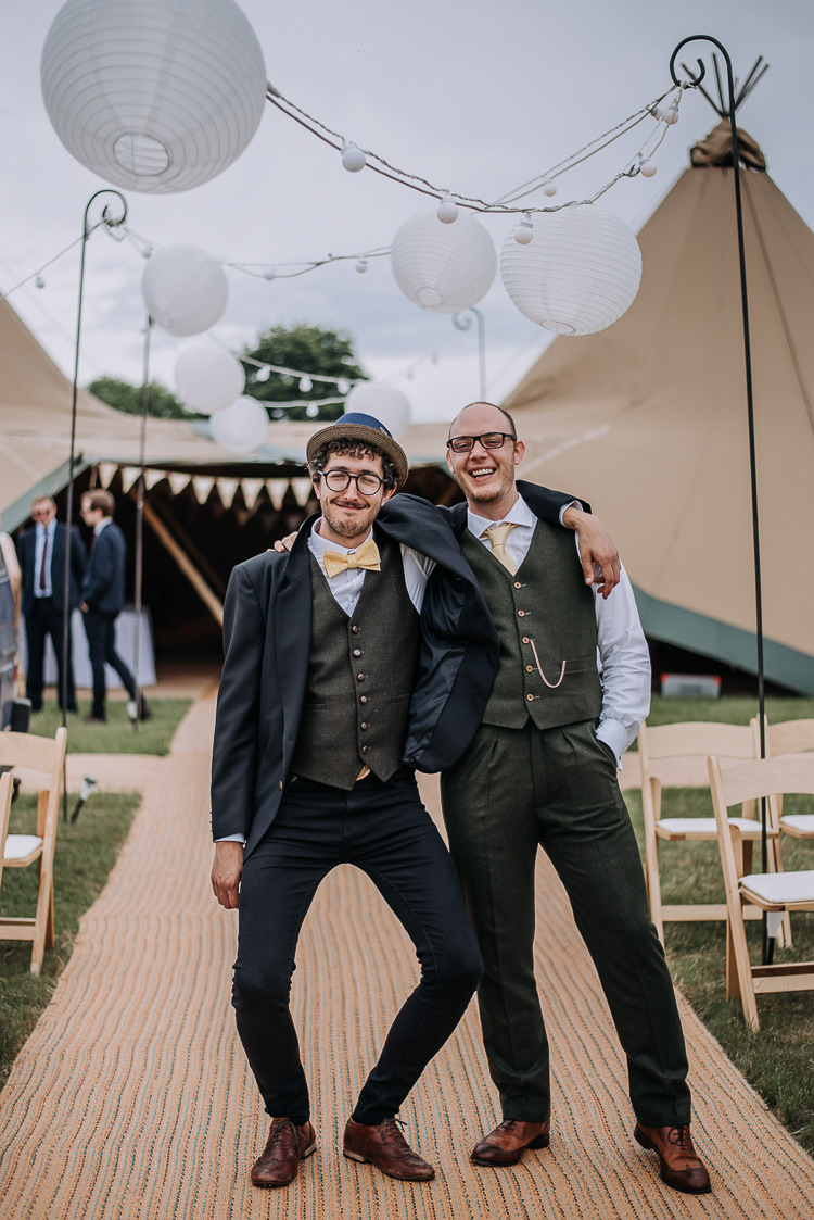 Green Suit Groom Groomsmen Waistcoat Yellow Tie Tan Shoes Bow DIY Outdoor Tipi Vineyard Wedding http://www.kazooieloki.co.uk/
