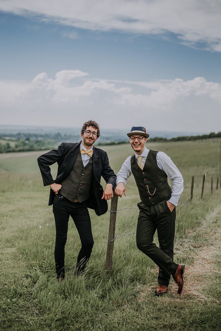 Green Suit Groom Groomsmen Waistcoat Yellow Tie Tan Shoes Bow DIY Outdoor Tipi Vineyard Wedding http://www.kazooieloki.co.uk/