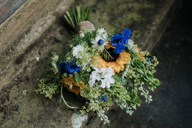 Sunflower Cornflower Stocks Nigella Greenery Bouquet Flowers Bride Bridal Blue Yellow DIY Outdoor Tipi Vineyard Wedding http://www.kazooieloki.co.uk/