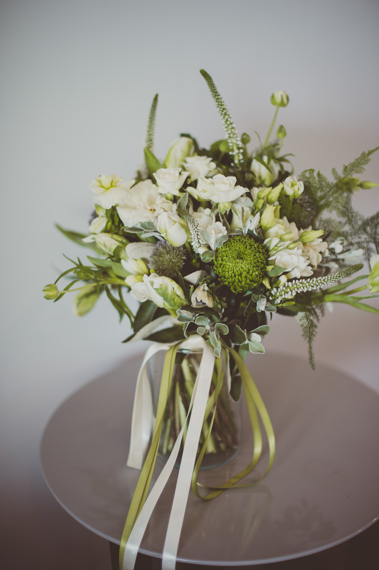 White Green Greenery Foliage Bouquet Flowers Ribbon Bride Bridal Rose Urban Industrial Chic Warehouse Wedding http://sashaweddings.co.uk/