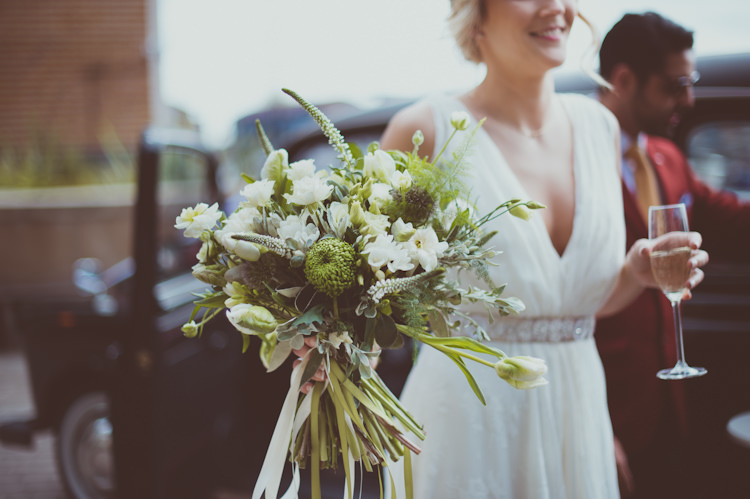 White Green Greenery Foliage Bouquet Flowers Ribbon Bride Bridal Urban Industrial Chic Warehouse Wedding http://sashaweddings.co.uk/