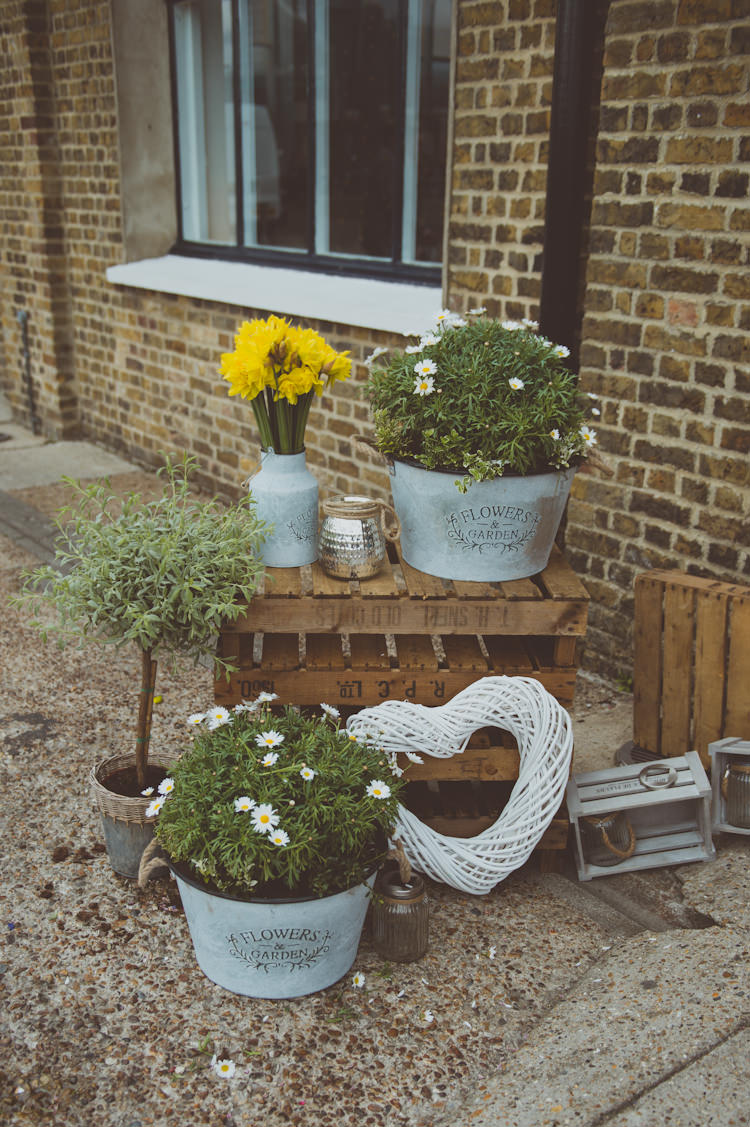 Crates Flowers Potted Plants Decor Urban Industrial Chic Warehouse Wedding http://sashaweddings.co.uk/
