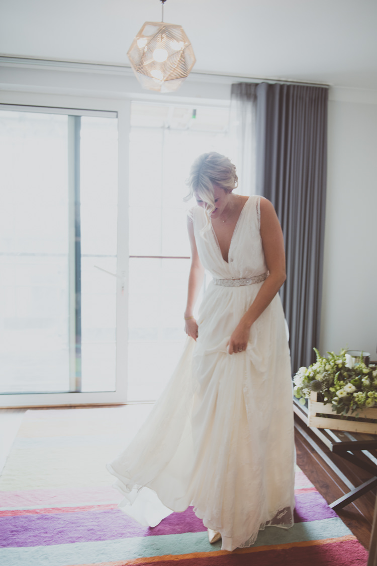 Charlie Brear Ventoux Dress Lace Gown Bride Bridal Straps Belt Urban Industrial Chic Warehouse Wedding http://sashaweddings.co.uk/