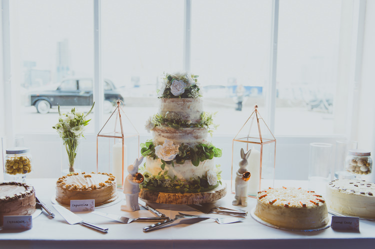 Naked Bare Cake Table Log Dessert Urban Industrial Chic Warehouse Wedding http://sashaweddings.co.uk/