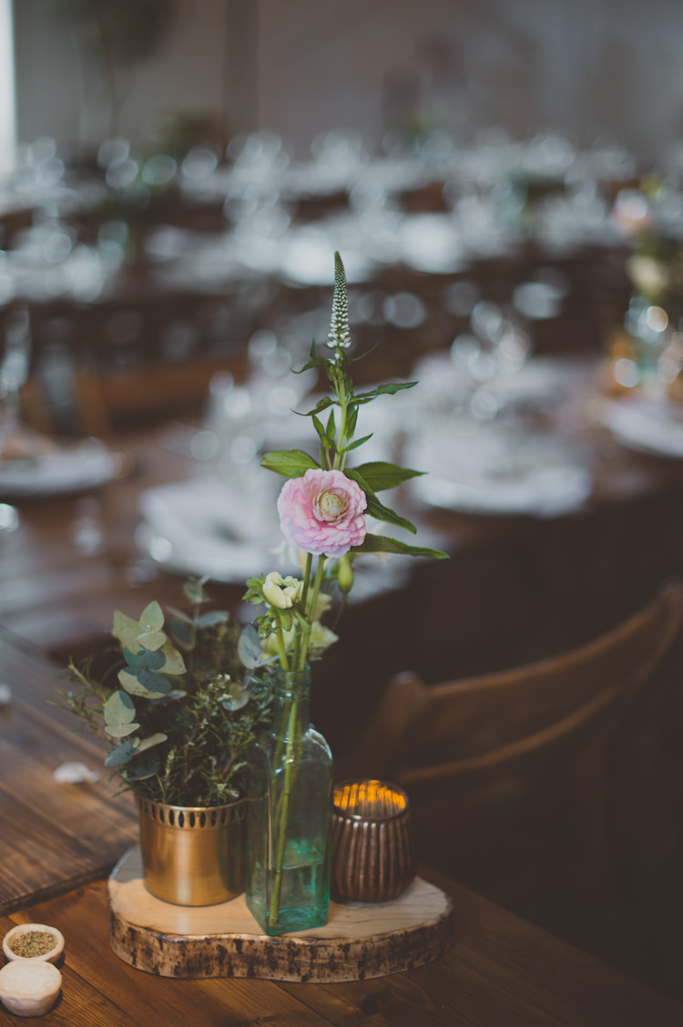 Centrepiece Flowers Log Candles Metallic Urban Industrial Chic Warehouse Wedding http://sashaweddings.co.uk/