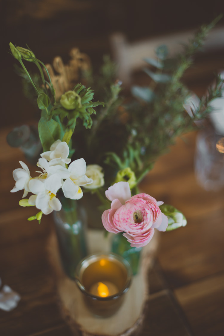 Flowers Centrepiece Log Decor Candle Urban Industrial Chic Warehouse Wedding http://sashaweddings.co.uk/