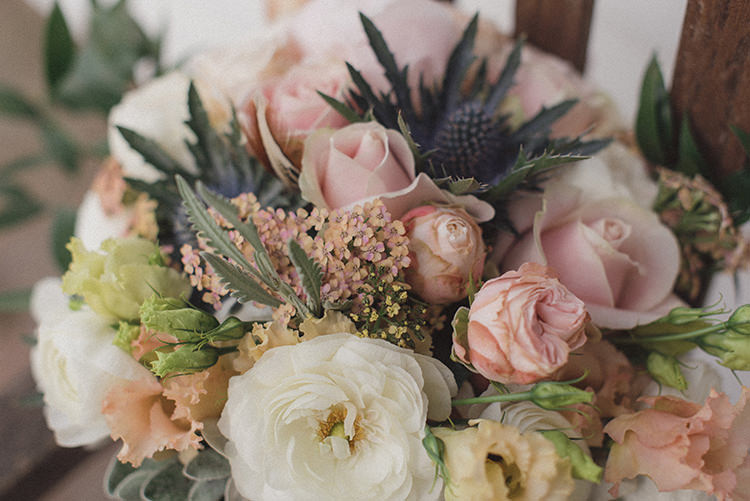 Bouquet Flowers Cream Pink Rose Thistle Peony Ribbon Bride Bridal Relaxed Home Made Love Barn Wedding http://www.rebeccadouglas.co.uk/