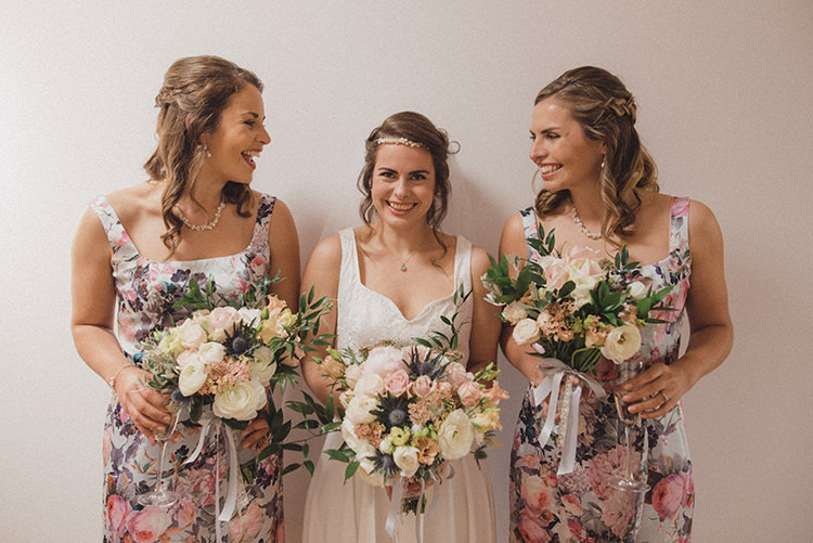 Pink Floral Print Bridesmaid Dresses Relaxed Home Made Love Barn Wedding http://www.rebeccadouglas.co.uk/