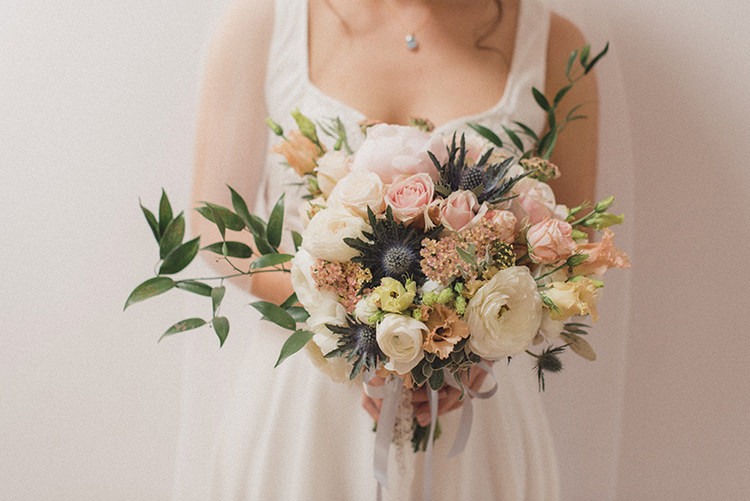 Bouquet Flowers Cream Pink Rose Thistle Peony Ribbon Bride Bridal Relaxed Home Made Love Barn Wedding http://www.rebeccadouglas.co.uk/